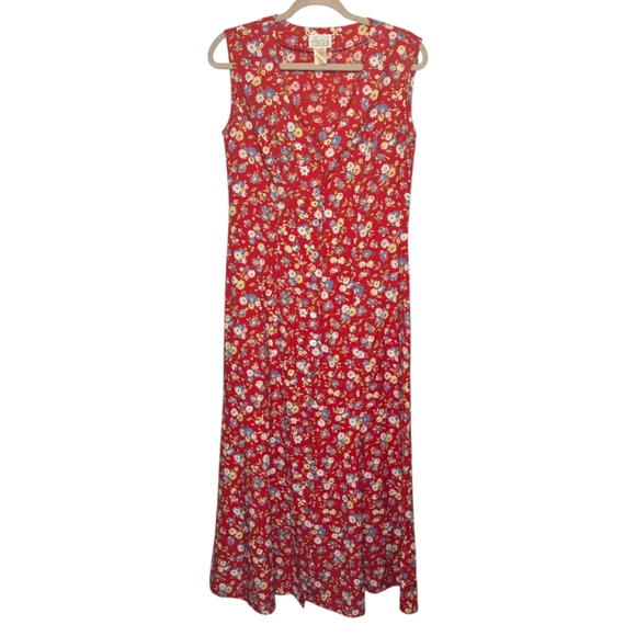 VTG 90s Moda Red Floral Midi Dress Sleeveless Boho Beachy V Neck Tie Back Sz 8 - Picture 1 of 6
